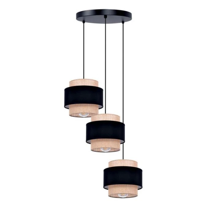 Lampa wisząca GATO do salonu, czarna podsufitka, trzy klosze czarno‑beżowe, gwint E27 K‑5232 Kaja Lighting