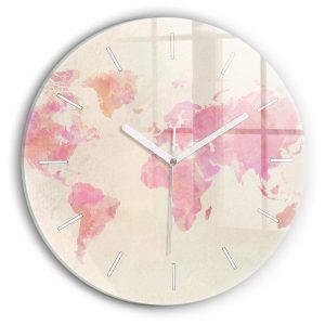 Ścienny Zegar szklany ozdobny Akwarela mapa świata fi30 214267 Ścienny Zegar szklany ozdobny Akwarela mapa świata fi30 214267