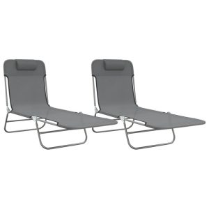 Składane leżaki, 2 szt., szare, Textilene i stal 604859 Składane leżaki, 2 szt., szare, Textilene i stal 604859
