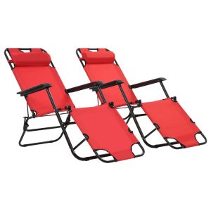 Składane leżaki z podnóżkiem, 2 szt., stalowe, czerwone 665093 Składane leżaki z podnóżkiem, 2 szt., stalowe, czerwone 665093