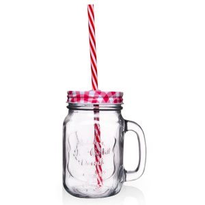 Słoik do napojów szklany z zakrętką i słomką 450 ml 777110