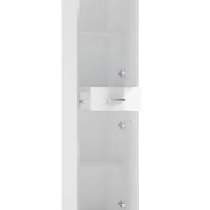 Słupek łazienkowy biały połysk 170×35 cm, półki i szuflada, nowoczesny 379359 Słupek łazienkowy biały połysk 170×35 cm, półki i szuflada, nowoczesny 379359