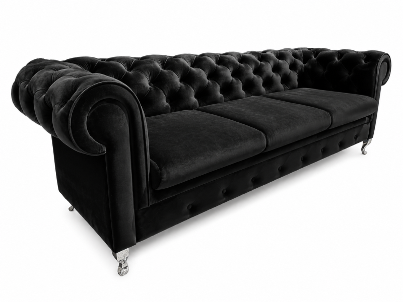 Sofa 3 osobowa Chesterfield Prima pikowana glamour czarna velvet stylowa 238853