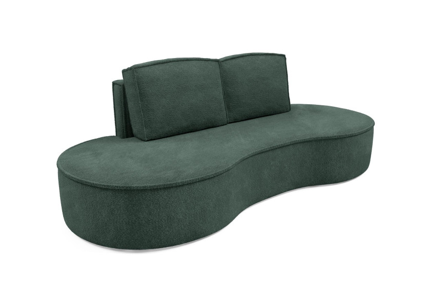 Sofa FLOW o zaokrąglonych bokach z poduszkami zielona w tkaninie Abriamo 510071