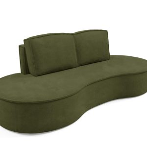 Sofa FLOW o zaokrąglonych bokach z poduszkami zielona w tkaninie Curio 510078 Sofa FLOW o zaokrąglonych bokach z poduszkami zielona w tkaninie Curio 510078