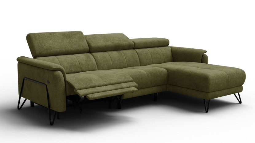 Sofa narożna 4 osobowa prawa RODEN, 1 x Relax Zero Gravity, oliwkowa 801544