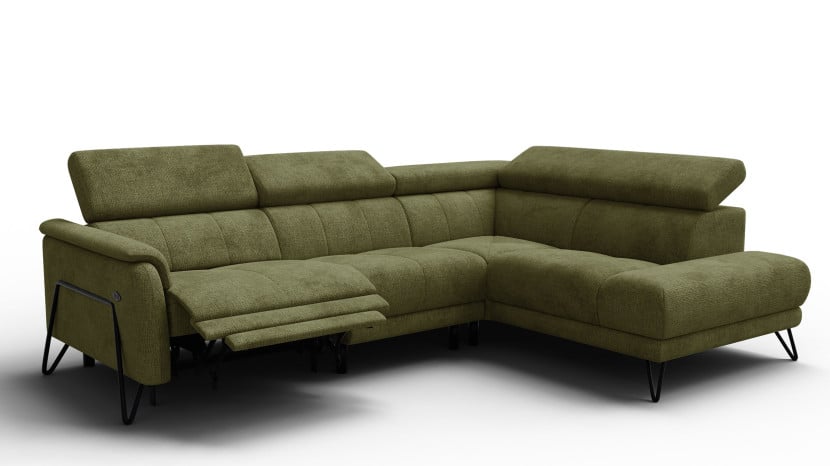 Sofa narożna 5 osobowa prawa RODEN, 1 x Relax Zero Gravity, oliwkowa 801427