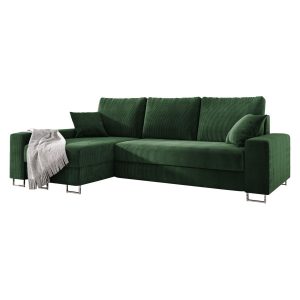 Sofa narożna z funkcją spania MORGAN sztruks butelkowa zieleń lewa 519759 Sofa narożna z funkcją spania MORGAN sztruks butelkowa zieleń lewa 519759
