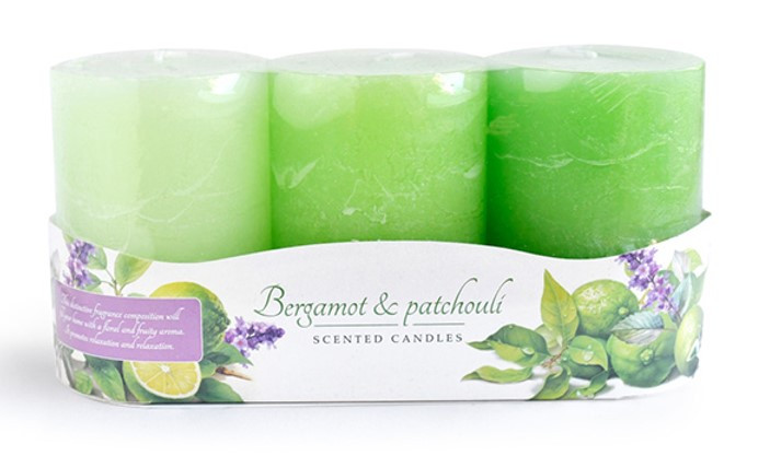 Świeca zapachowa FLORIS BERGAMOT&PATCHOULI walec 6x9cm parafinowa 3 sztuki 571066