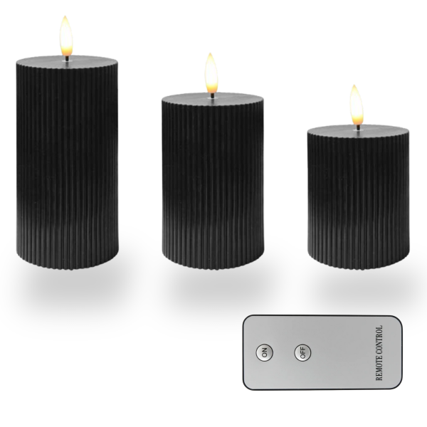 Świece LED Czarne Zestaw 3 szt z Pilotem. Dekoracyjne Żłobienia, Φ: 7,5cm 892275