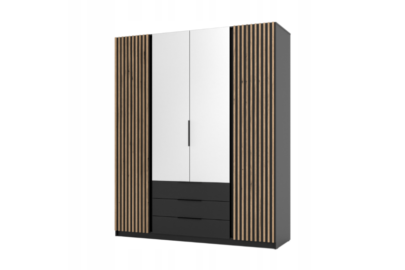 Szafa ARKA 200 cm czarna z lamelami lustro 3 szuflady drzwi uchylne loft 899741