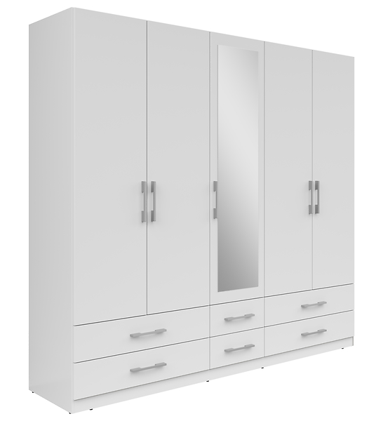 Szafa pięciodrzwiowa Herford 226 cm z lustrem i 6 szufladami biała 305361