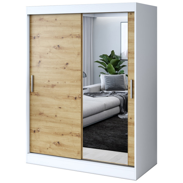 Szafa przesuwna 1 x Lustro 150x200 Hugo , Biały mat / Dąb Artisan 630180