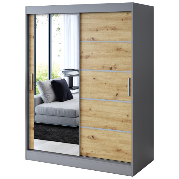 Szafa przesuwna 1 x Lustro 150x200 Ralf , Antracyt mat / Dąb Artisan 629864