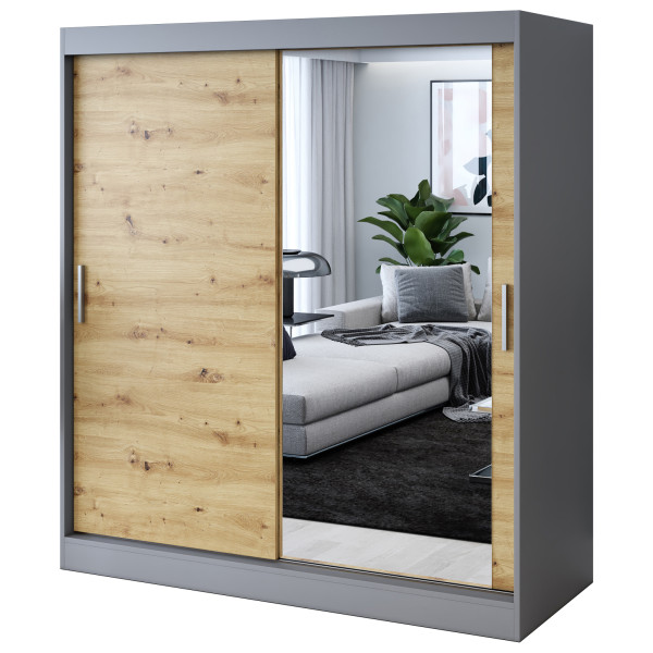 Szafa przesuwna 1 x Lustro 180x200 Hugo , Antracyt mat / Dąb Artisan 630185