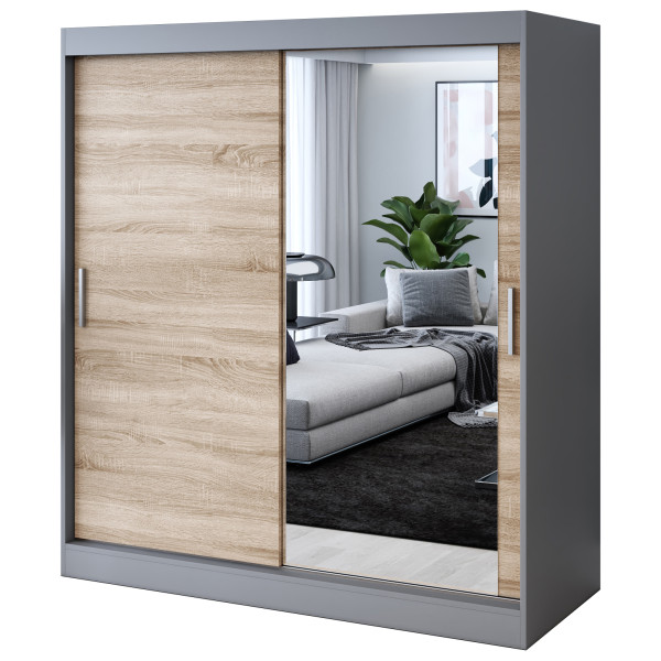 Szafa przesuwna 1 x Lustro 180x200 Hugo , Antracyt mat / Dąb Sonoma 630080