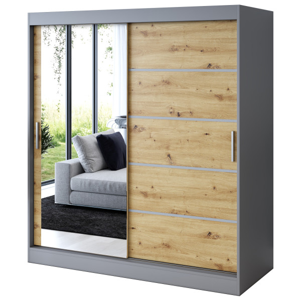 Szafa przesuwna 1 x Lustro 180x200 Ralf , Antracyt mat / Dąb Artisan 629775