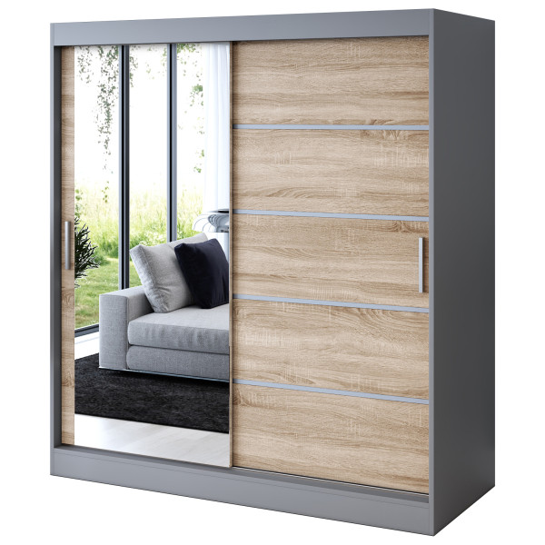 Szafa przesuwna 1 x Lustro 180x200 Ralf , Antracyt mat / Dąb Sonoma 630052