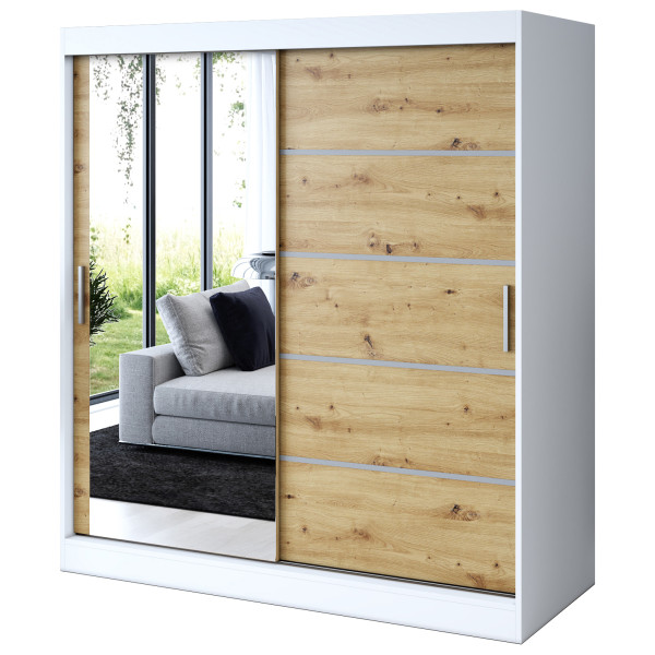 Szafa przesuwna 1 x Lustro 180x200 Ralf , Biały mat / Dąb Artisan 630049
