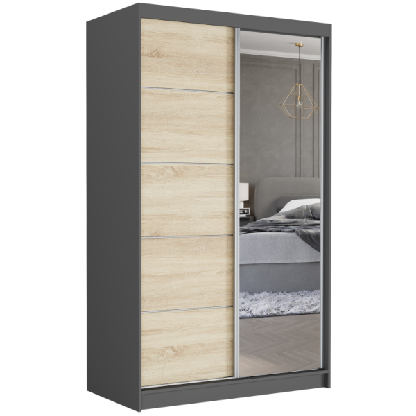 Szafa przesuwna 120 cm z lustrem szprosy FRAMIRE Vega I antracyt sonoma 969556