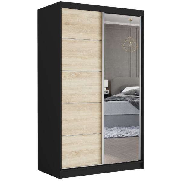 Szafa przesuwna 120 cm z lustrem szprosy FRAMIRE Vega I czarny sonoma 969576