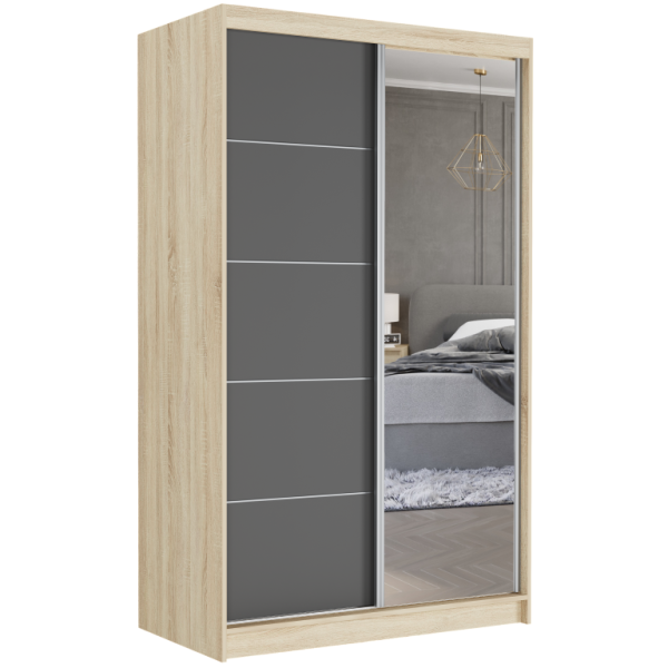 Szafa przesuwna 120 cm z lustrem szprosy FRAMIRE Vega I sonoma antracyt 969516