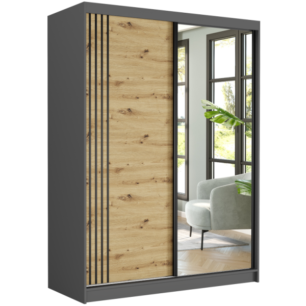 Szafa przesuwna 150 cm z lustrem szprosy FRAMIRE Rivano V antracyt artisan 966359