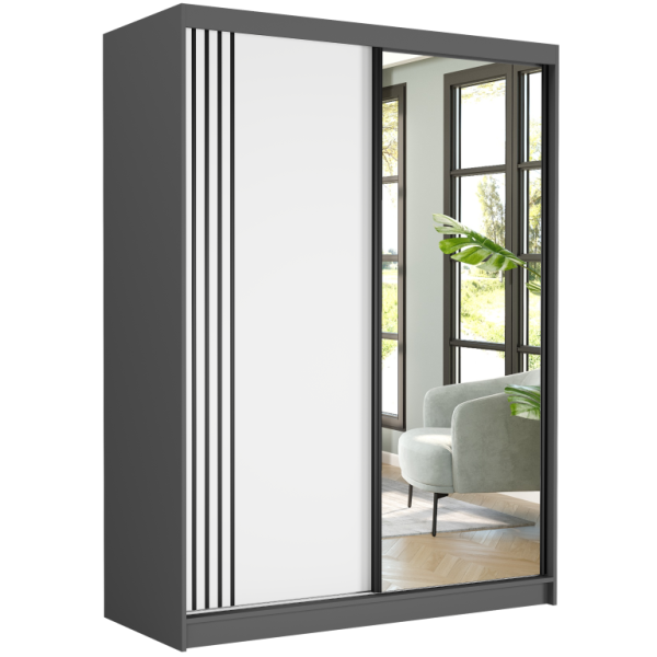 Szafa przesuwna 150 cm z lustrem szprosy FRAMIRE Rivano V antracyt biały 966325