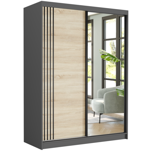 Szafa przesuwna 150 cm z lustrem szprosy FRAMIRE Rivano V antracyt sonoma 966379
