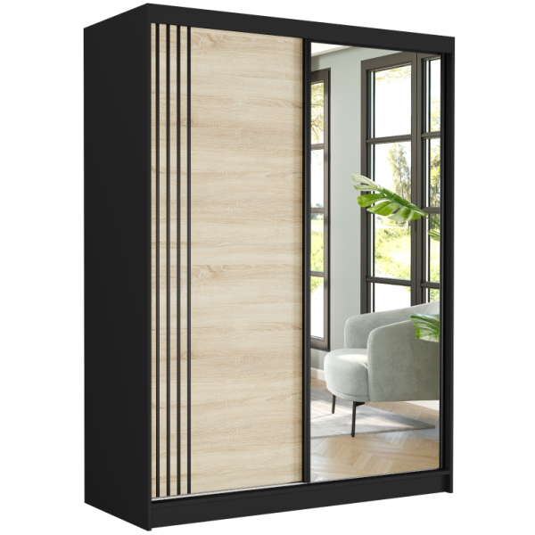 Szafa przesuwna 150 cm z lustrem szprosy FRAMIRE Rivano V czarny sonoma 966343