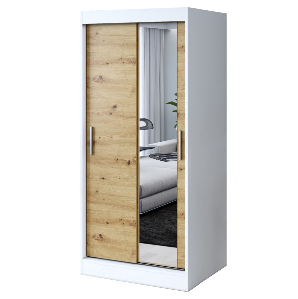Szafa przesuwna 1x Lustro 90x200 Hugo, Biały mat / Dąb Artisan 630139