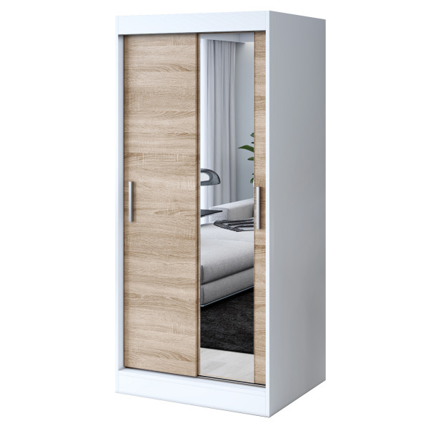 Szafa przesuwna 1x Lustro 90x200 Hugo, Biały mat / Dąb Sonoma 629774