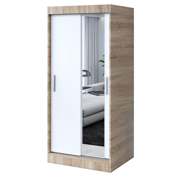 Szafa przesuwna 1x Lustro 90x200 Hugo, Dąb Sonoma/ Biały mat 629911