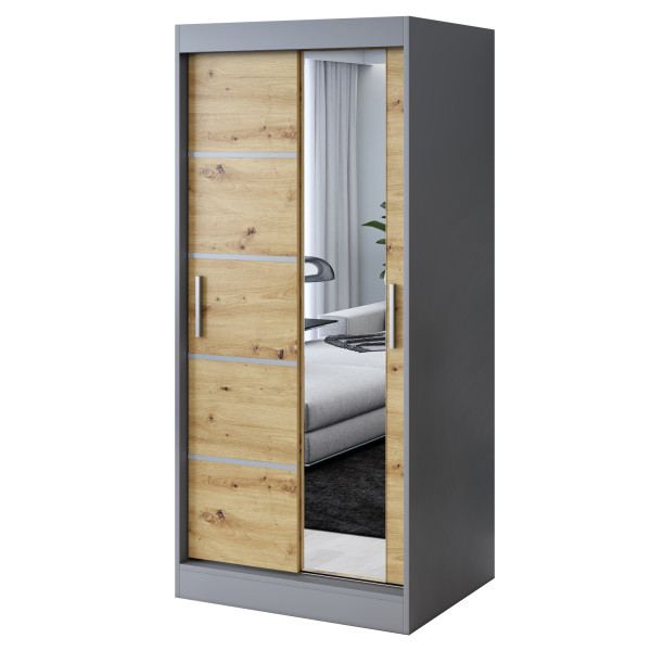 Szafa przesuwna 1x Lustro 90x200 Pepe, Antracyt mat / Dąb Artisan 629725