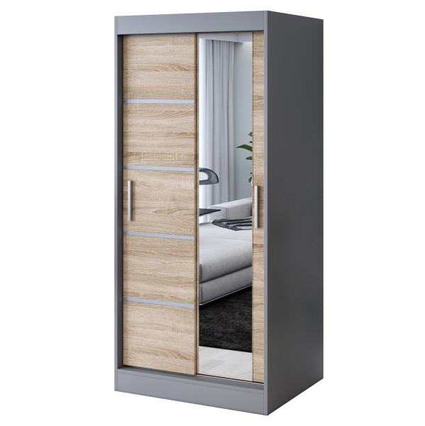 Szafa przesuwna 1x Lustro 90x200 Pepe, Antracyt Mat / Dąb Sonoma 629819