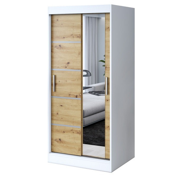 Szafa przesuwna 1x Lustro 90x200 Pepe, Biały Mat / Dąb Artisan 630149