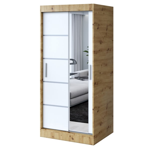 Szafa przesuwna 1x Lustro 90x200 Pepe, Dąb Artisan / Biały mat 630155
