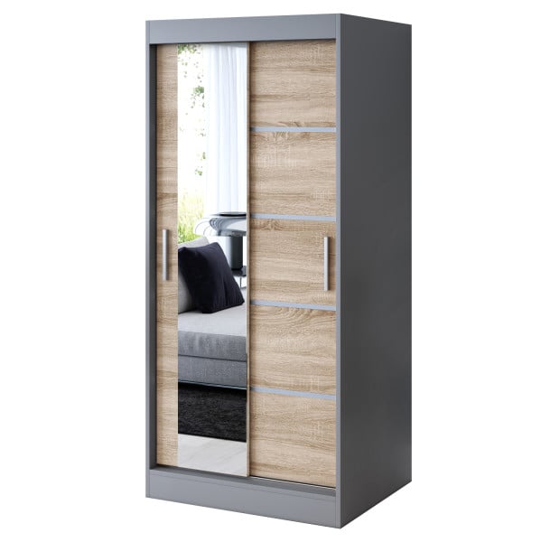 Szafa przesuwna 1x Lustro 90x200 Ralf, Antracyt mat / Dąb Sonoma 630062