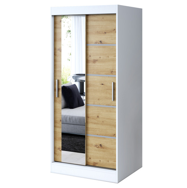 Szafa przesuwna 1x Lustro 90x200 Ralf, Biały Mat/ Dąb Artisan 629932