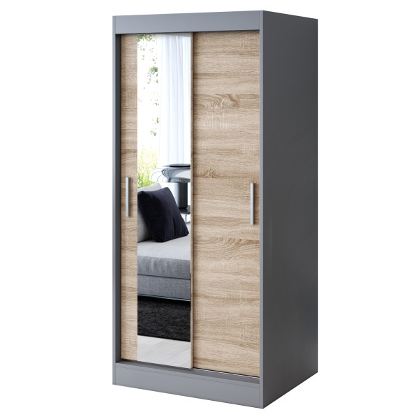 Szafa przesuwna 1x Lustro 90x200 Sofia, Antracyt mat / Dąb Sonoma 630002