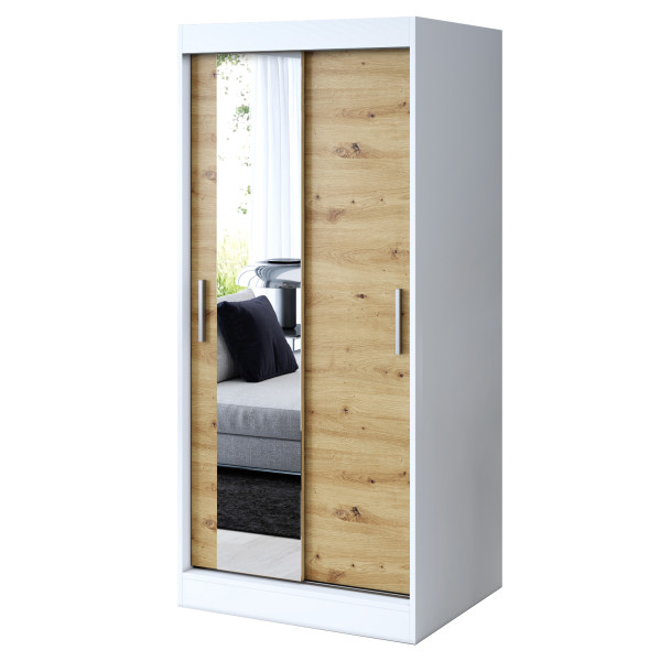 Szafa przesuwna 1x Lustro 90x200 Sofia, Biały mat / Dąb Artisan 629777