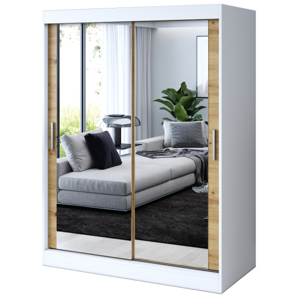 Szafa przesuwna 2 x Lustro 150x200 Karl , Biały mat / Dąb Artisan 630048
