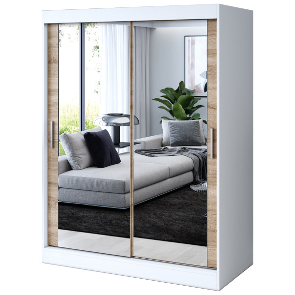 Szafa przesuwna 2 x Lustro 150x200 Karl , Biały mat / Dąb Sonoma 630050