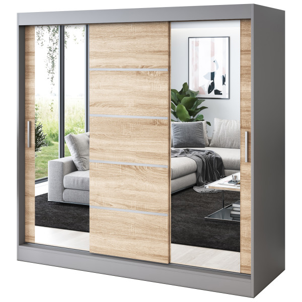 Szafa przesuwna 2 x Lustro 200x200 Ralf , Antracyt mat / Dąb Sonoma 630055