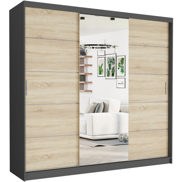 Szafa przesuwna 233 cm z lustrem szprosy FRAMIRE Selvio I antracyt sonoma 988088
