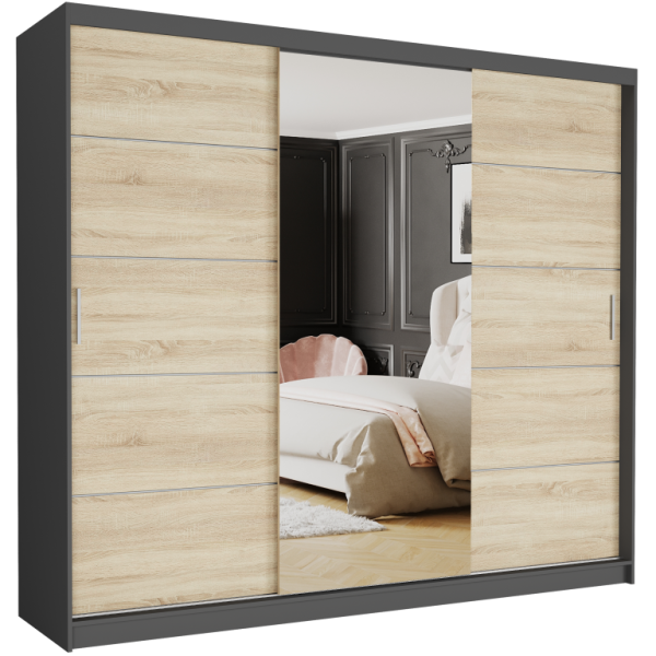 Szafa przesuwna 250 cm z lustrem szprosy FRAMIRE Norvio I antracyt sonoma 963957