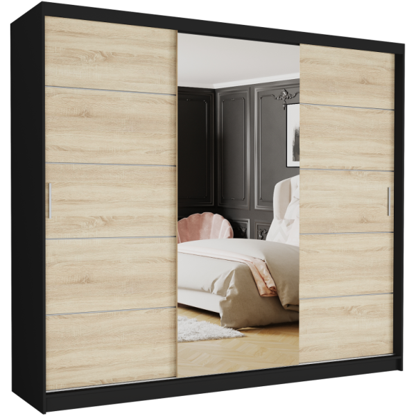 Szafa przesuwna 250 cm z lustrem szprosy FRAMIRE Norvio I czarny sonoma 963983