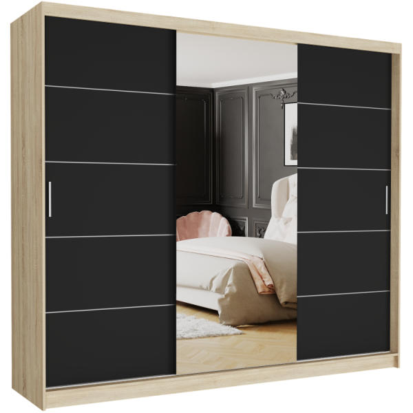 Szafa przesuwna 250 cm z lustrem szprosy FRAMIRE Norvio I sonoma czarny 963970
