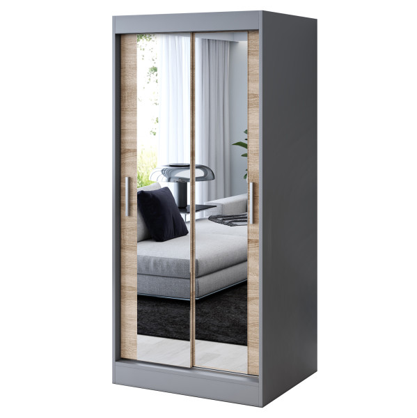 Szafa przesuwna 2x Lustro 90x200 Karl , Antracyt mat / Dąb Sonoma 630026