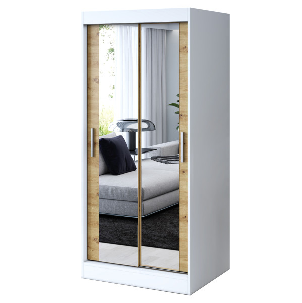Szafa przesuwna 2x Lustro 90x200 Karl , Biały mat / Dąb Artisan 629740